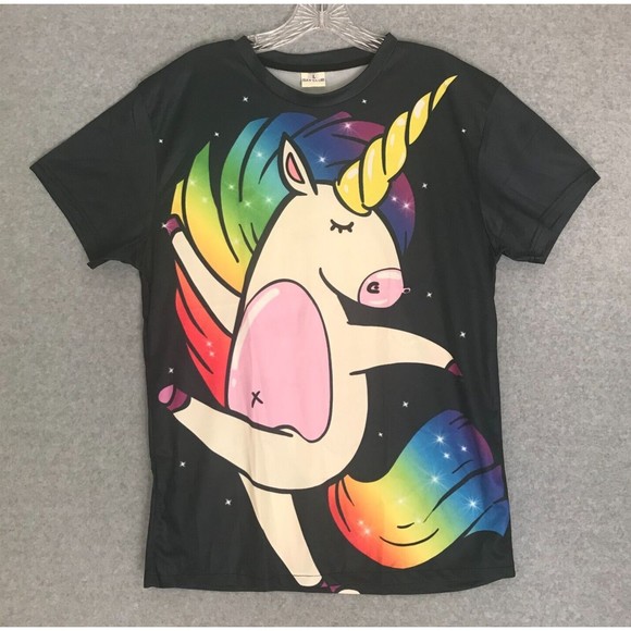 New! Dancing Unicorn Shirt Youth Girls Large Black Multicolor All Over Print Tee - Picture 1 of 6